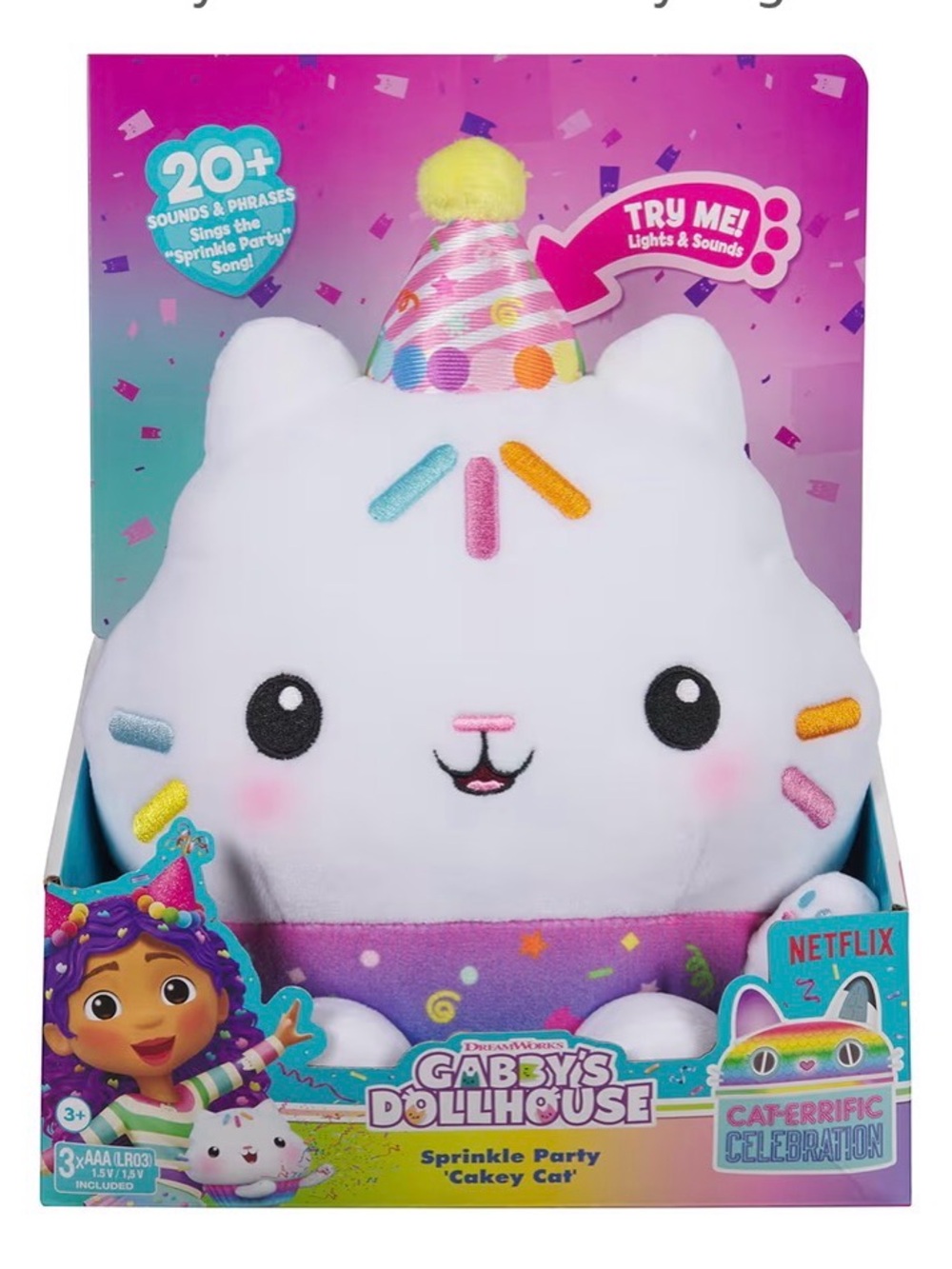 Gabby’s Dollhouse Sprinkle Party Cakey Cat Plush - White Light-Sounds